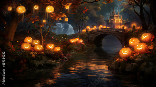 Pumpkin Lanterns Along a Stone Bridge
