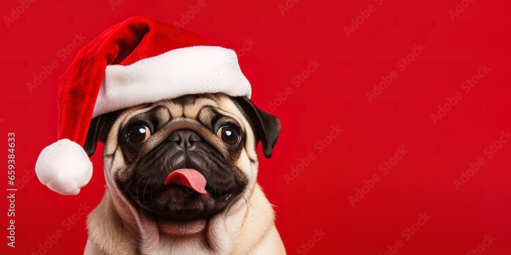 Close-up of an expressive dog wearing a Santa Claus hat on a red background with copy space Close-up of an expressive dog wearing a Santa Claus hat on a red background with copy space