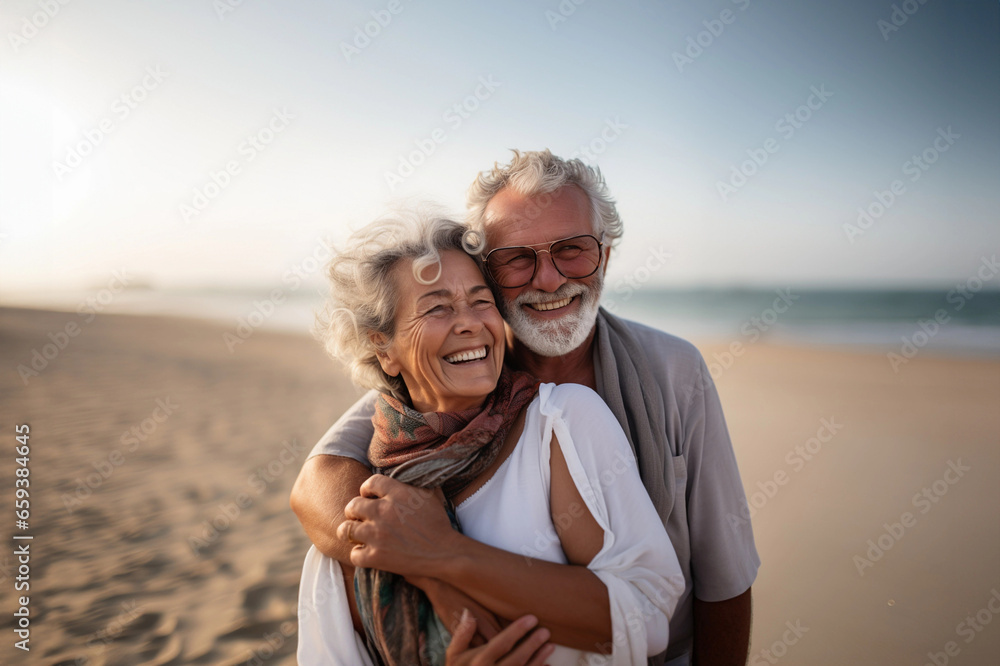 Senior couple relaxing together near the sea on sunny day