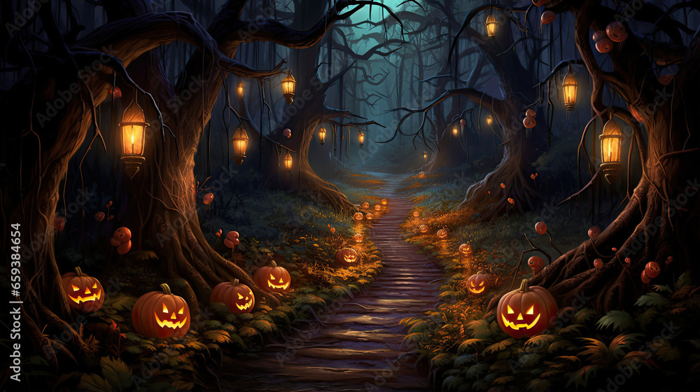 Pumpkin-Lined Path Through a Twilight Forest