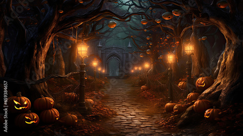 Pumpkin-Lined Path Through a Twilight Forest