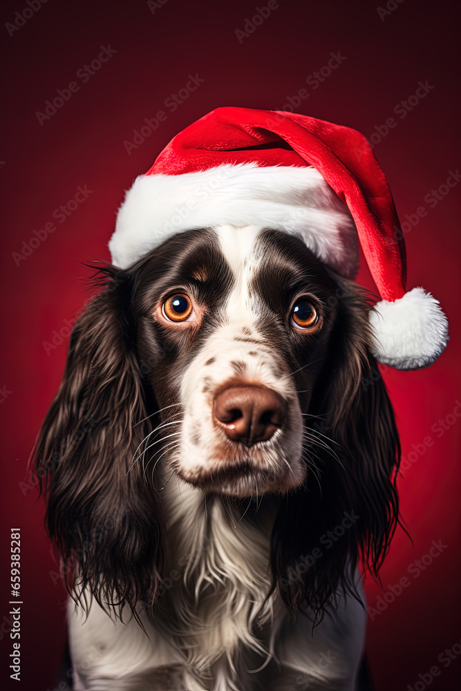 Close-up of an expressive dog wearing a Santa Claus hat on a red background