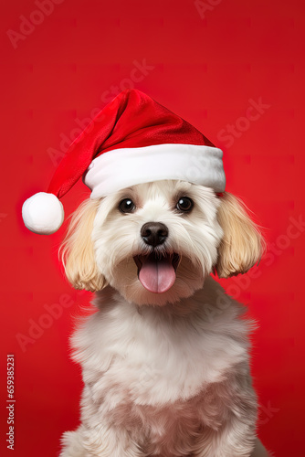 Close-up of an expressive dog wearing a Santa Claus hat on a red background