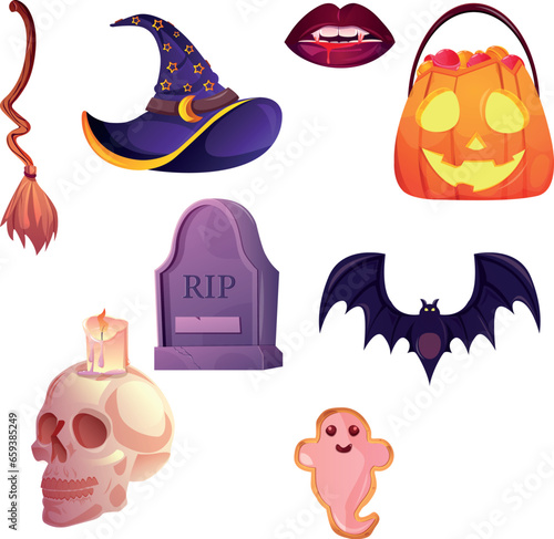 Happy Halloween set of elements. Witch's broom and hat, vampire lips, pumpkin, tombstone, scull with candle, ghost gingerbread, bat. Vector cartoon illustration set. Halloween icons for banners, cards