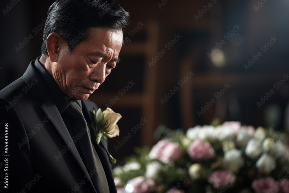 Elderly asian man with funeral sorrow and flowers in church Elderly asian man with funeral sorrow and flowers in church