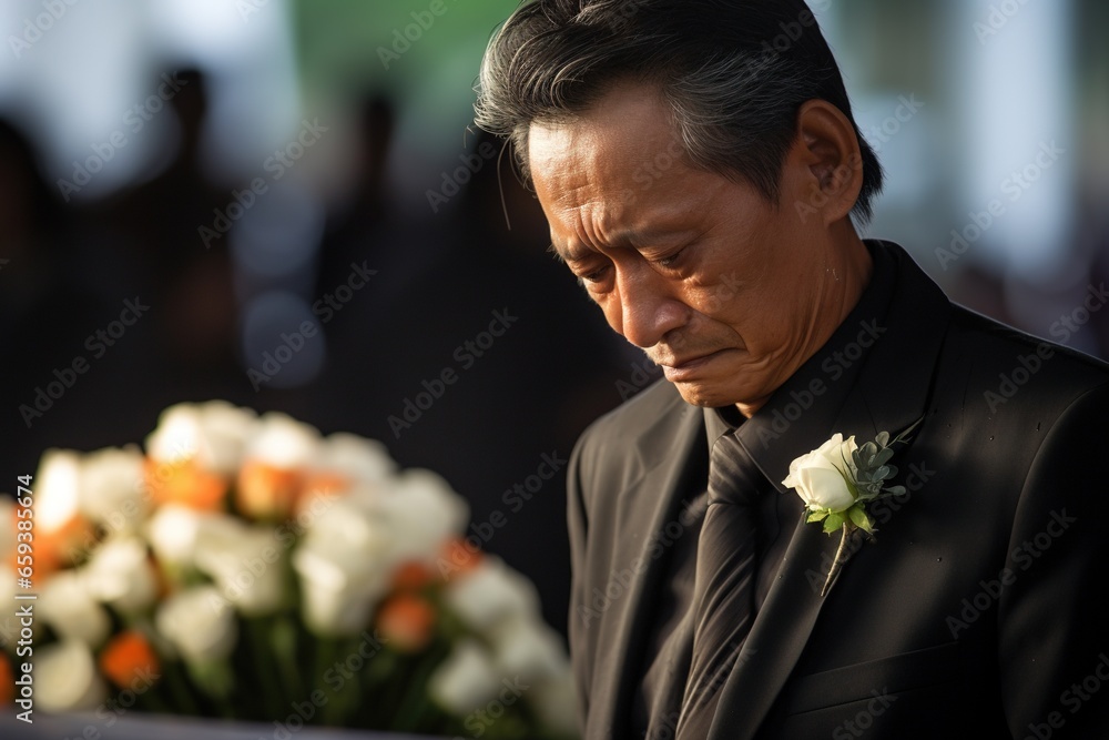 Elderly asian man with funeral sorrow and flowers in church Elderly asian man with funeral sorrow and flowers in church