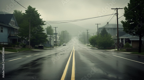 雨の日　郊外の小さな町のまっすぐ続く道 © ayame123