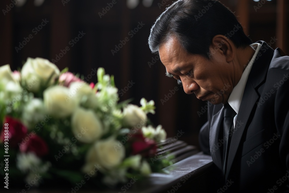 Elderly asian man with funeral sorrow and flowers in church Elderly asian man with funeral sorrow and flowers in church