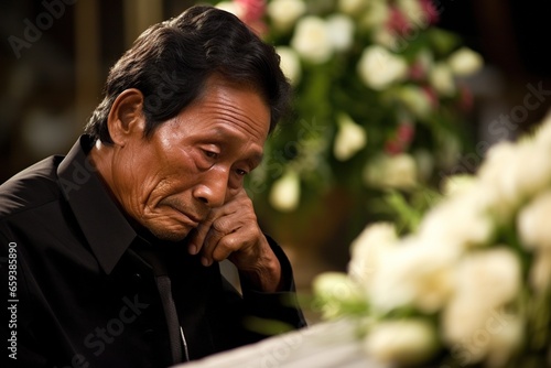 Elderly asian man with funeral sorrow and flowers in church © Rudsaphon