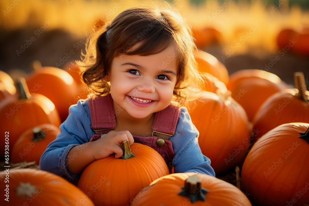 Fototapeta premium Happy girl with pumpkins for Thanksgiving in a pumpkin plantation.