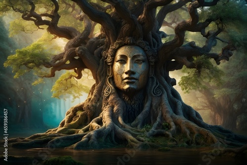 Tree with A talking head - Goddess of Trees. Let us protect Trees - Colorful forest landscape with abstract tree sculpture and brush strokes.  photo
