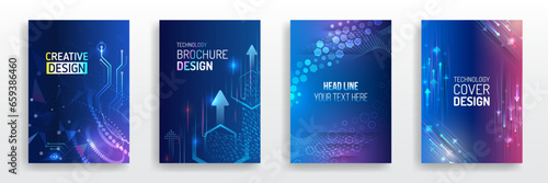Brochure, flyer, book, annual report. Blue hi-tech vector illustrations for business presentations. Futuristic business posters. Technology covers corporate documents. Layout template science designs.