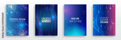 Futuristic business posters. Technology covers corporate documents. Layout template science designs. Brochure, flyer, book, annual report. Blue hi-tech vector illustrations for business presentations.