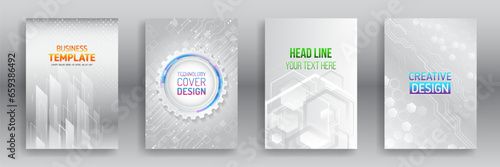 White set of hi-tech covers for presentation and marketing. Futuristic design for medical, scientific, computer flyers, brochures, and webinar pages. High-tech corporate document cover design.