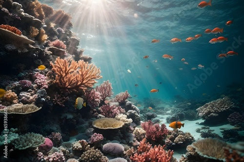 Marine Life Coral Reefs - Let us protect coral reefs in ocean - Colorful marine life in a vibrant coral reef underwater.  photo