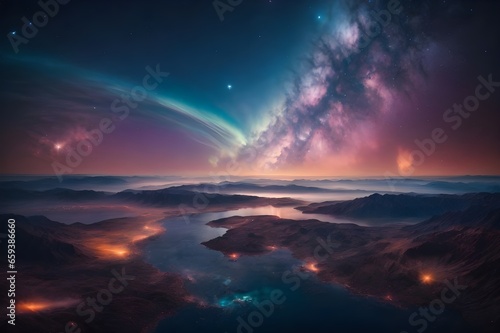 sunrise over the Nebula - With the beauty of a celestial horizon, a tranquil night sky. © Unsake