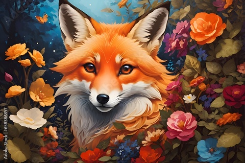 red fox vulpes - Adorable Red Fox in Natural Outdoor Setting flowers flora surrounding front shot view