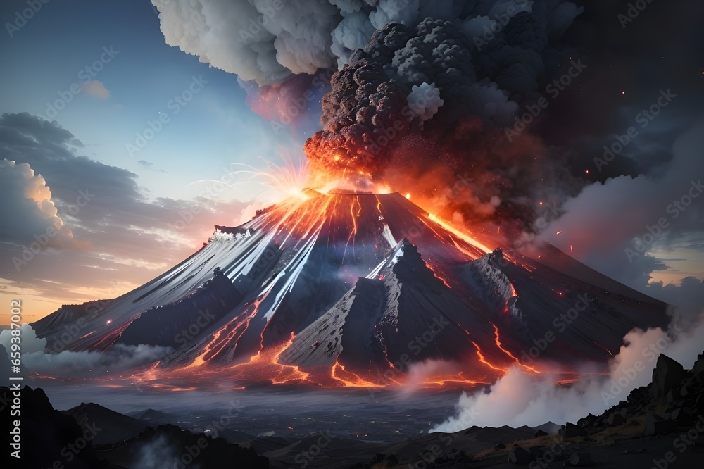 Volcanic Eruption - Powerful Eruption: Active Volcano's Fiery Display in Nature's Beauty 