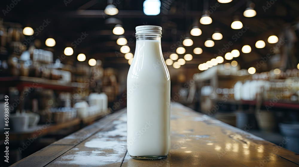 Organic milk in a glass bottle - obrazy, fototapety, plakaty 