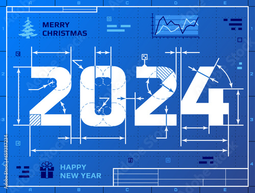 Card of New Year 2024 as blueprint drawing. Stylized drafting of 2024 on blueprint paper. Vector illustration for new years day, christmas, winter holiday, new years eve, engineering, silvester, etc