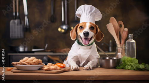 Cute beagle dog in chef's hat cooks in the kitchen © Umar