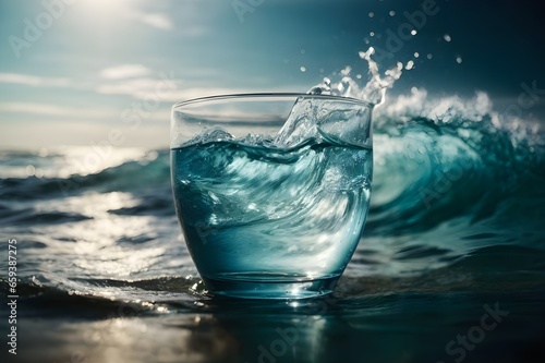 Extraordinary sea water on a water glass waves of sea.- Refreshing Sea and Sky with Splashing Waves on the Shore