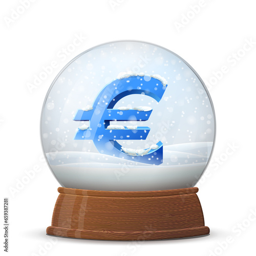 Christmas snow globe with money symbol on wooden stand. Glass snow dome with euro sign inside. Vector illustration for finance, christmas, banking, new years day, forex, decoration, currency markets