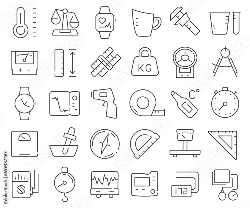 Measuring equipment line icons collection. Thin outline icons pack. Vector illustration eps10