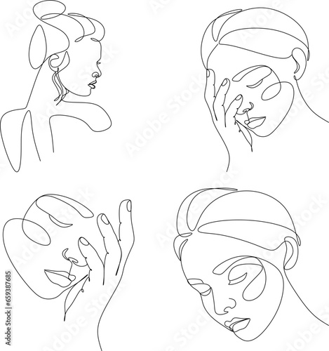 Woman Abstract Face Line Art Drawing Set. Fashion Female Portrait Minimalist Style. Woman Face Outline Drawing. Continuous Line Art Fashion Minimal Portrait. Beauty Logo