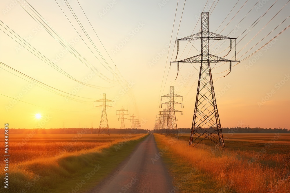 High voltage electric pole and transmission lines in the evening