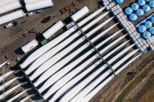 Aerial views of wind turbine blades and parts stored at Gladstone Port, Queensland, Australia.