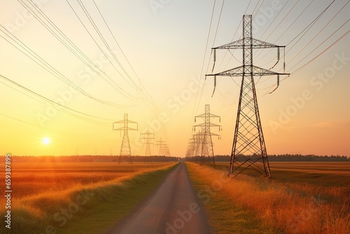High voltage electric pole and transmission lines in the evening