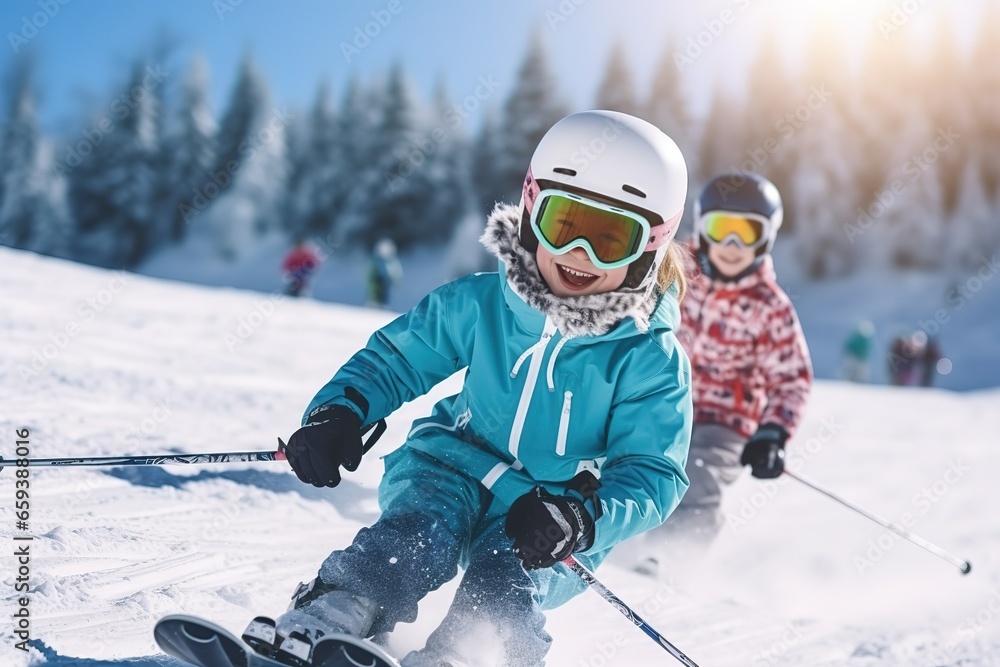 Skiing, winter, ski lesson - skiers on mountainside - obrazy, fototapety, plakaty 