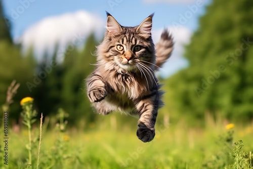 Playful young blue striped Maine Coon cat jumps across the meadow photo