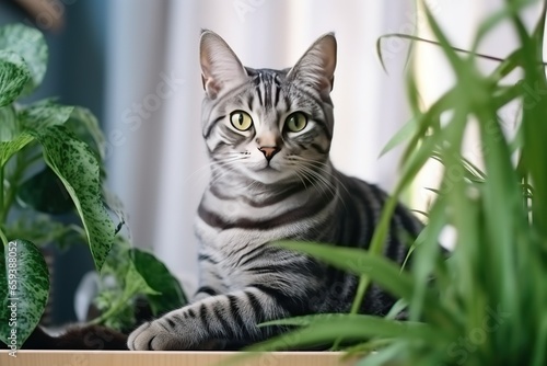 A beautiful cat is sitting by the window