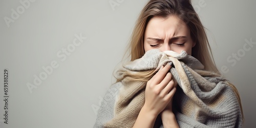 Fotografia The girl is sick and wrapped in a blanket on the couch