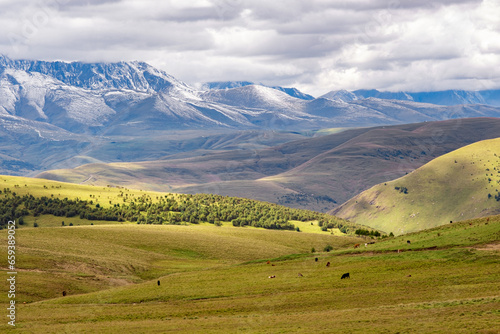 Panoramic view of the Caucasian Range from Karachay-Cherkessia.