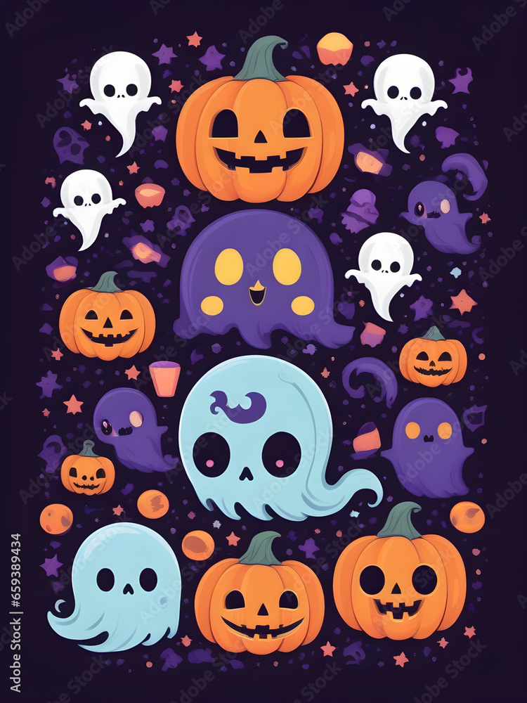 Cute Halloween T-shirt Design, Pastel Halloween Creatures, Kawaii Halloween T-shirt Design Cute Halloween T-shirt Design, Pastel Halloween Creatures, Kawaii Halloween T-shirt Design