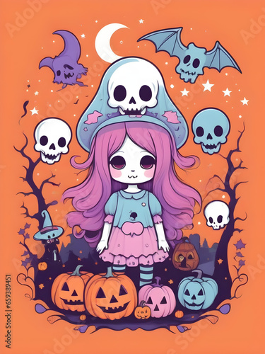 Cute Halloween T-shirt Design, Pastel Halloween Creatures, Kawaii Halloween T-shirt Design