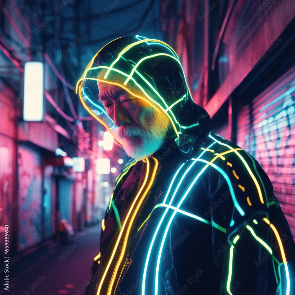 An elderly gray-haired Japanese old man in a futuristic jacket with a hood with multi-colored neon lights against blurred panorama of cyberpunk city street. Stylish futuristic street photography.