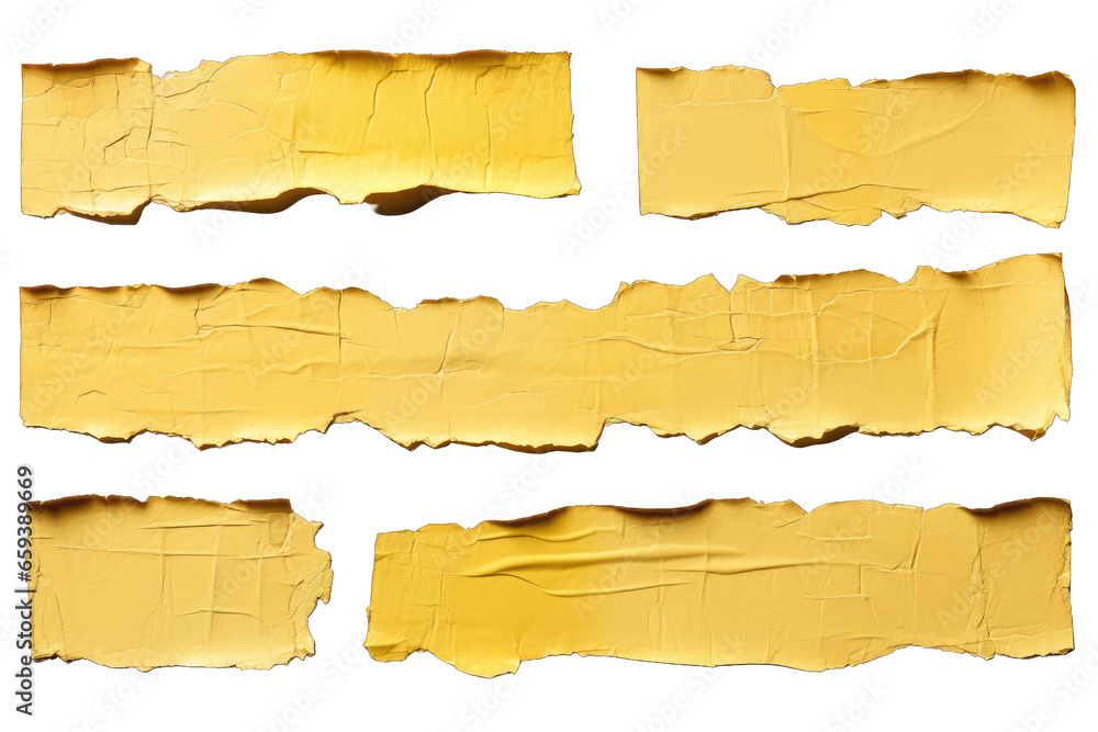 Close up sticky tape or strips of ripped yellow textured , Masking Tape isolated  on transparent background
