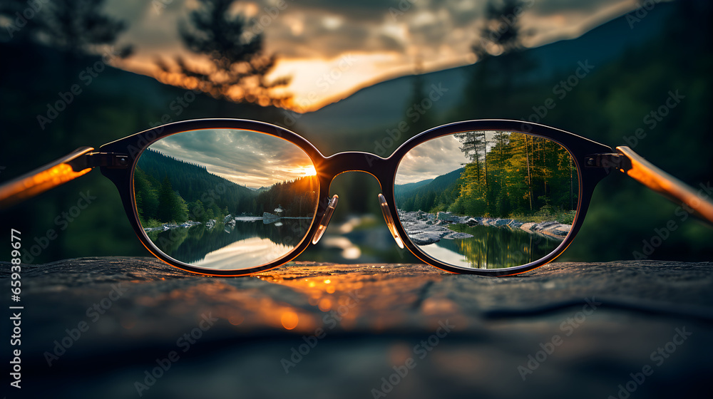 View through eyeglasses reveals the sharp clarity and vibrant beauty of an sunset in the forest - obrazy, fototapety, plakaty 