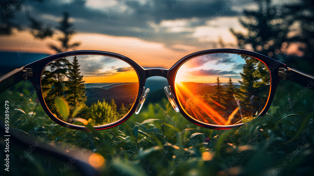 View through eyeglasses reveals the sharp clarity and vibrant beauty of a sunrise in nature - obrazy, fototapety, plakaty 