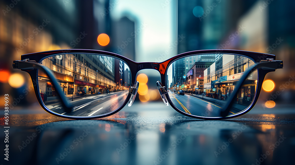 View through eyeglasses reveals the sharp clarity and vibrant beauty of an urban cityscape - obrazy, fototapety, plakaty 