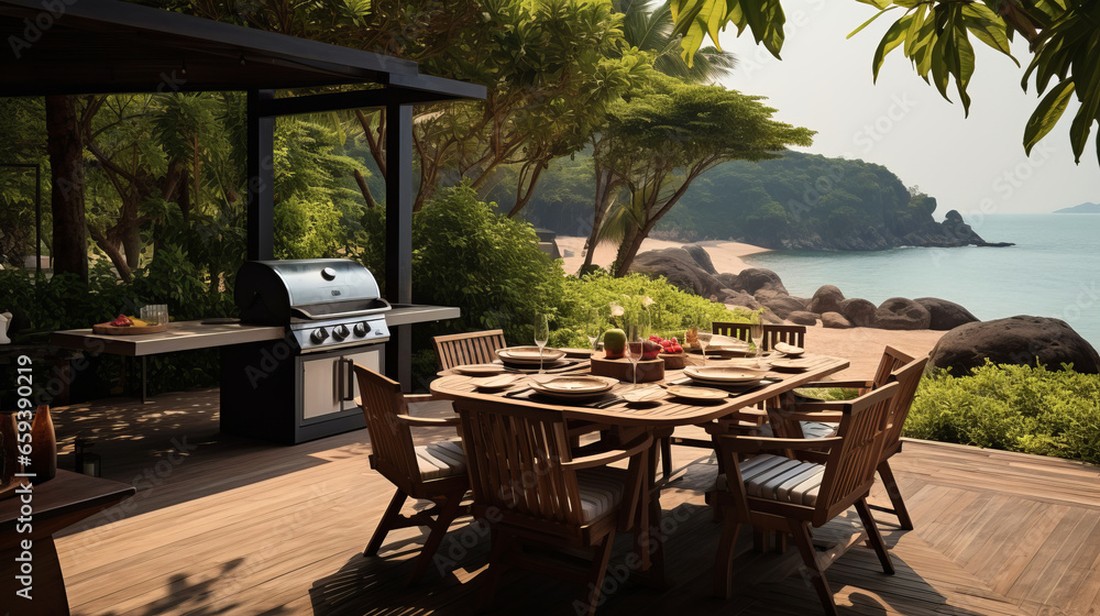outdoor dining table and chairs and gas barbeque on a wooden deck by a secluded beach cove outdoor dining table and chairs and gas barbeque on a wooden deck by a secluded beach cove