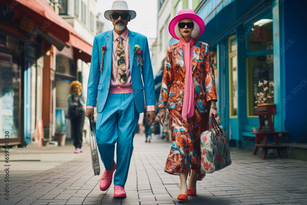 Fototapeta premium An eccentrically dressed couple in a floral design walks on a beautiful sunny day. Spring vacation scene in the city center. Pastel color of clothes. Weekend trip.