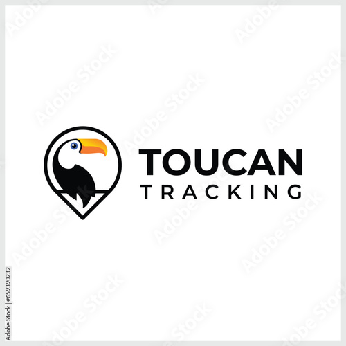 Toucan bird and location logo design template flat vector illustration