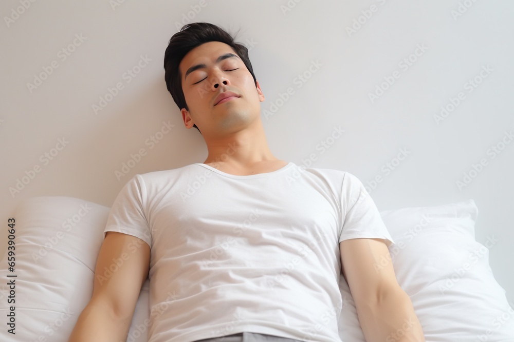 Young asian man sleeping on bed at home, asian people Young asian man sleeping on bed at home, asian people