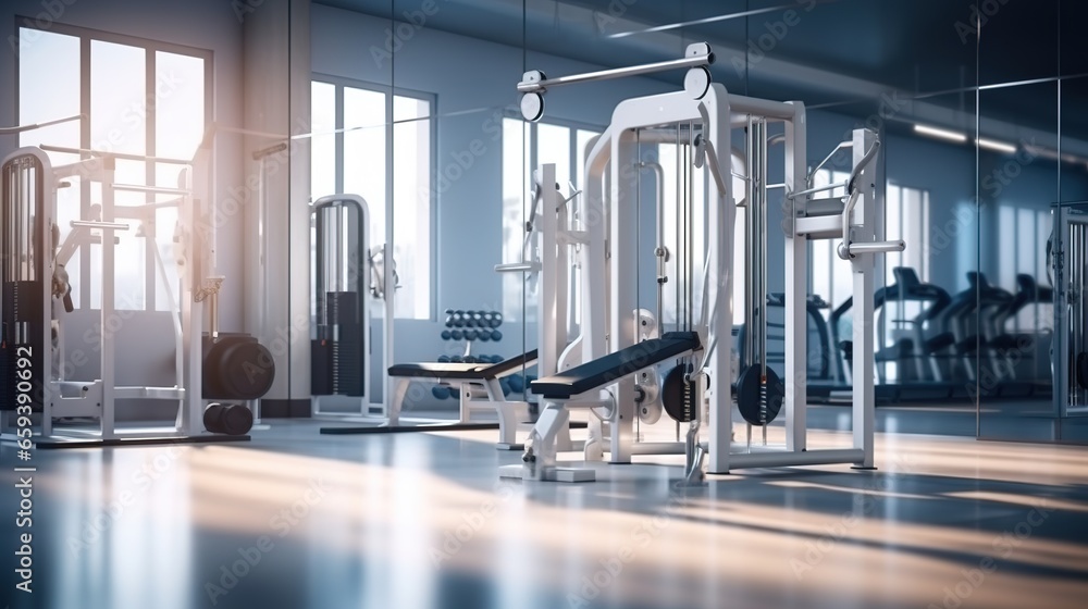 Modern light gym. Sports equipment in gym. Barbells of different weight on rack