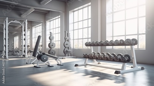 Modern light gym. Sports equipment in gym. Barbells of different weight on rack © somneuk
